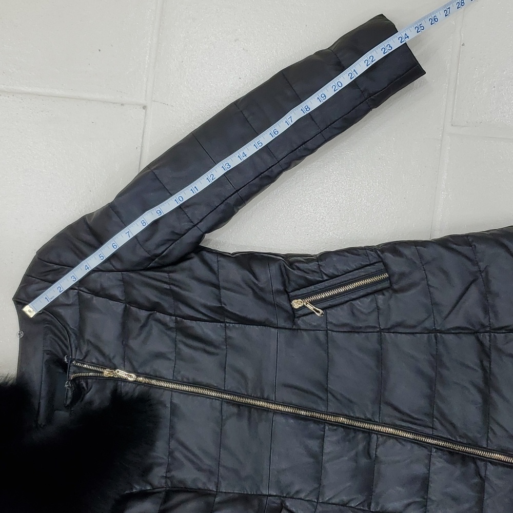Lambskin down puffer coat fur collar women's size 6 black gold zippers - Picture 7 of 15